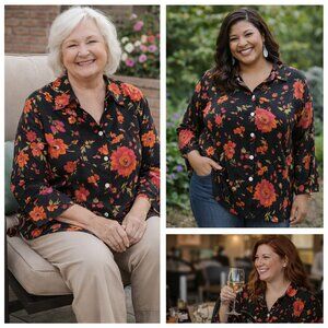 🌺 Options by Delta Burke Floral Button-Front Blouse | Black with Autumn Florals